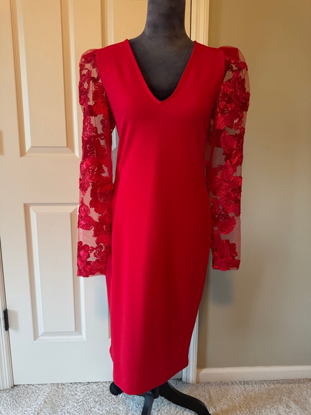 Express Red V-Neck Midi Dress with Lace Sheer Sleeves